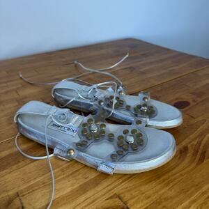 Jimmy Choo Silver Leather Jeweled Gladiator Wrap Around Flat Sandals Size 37